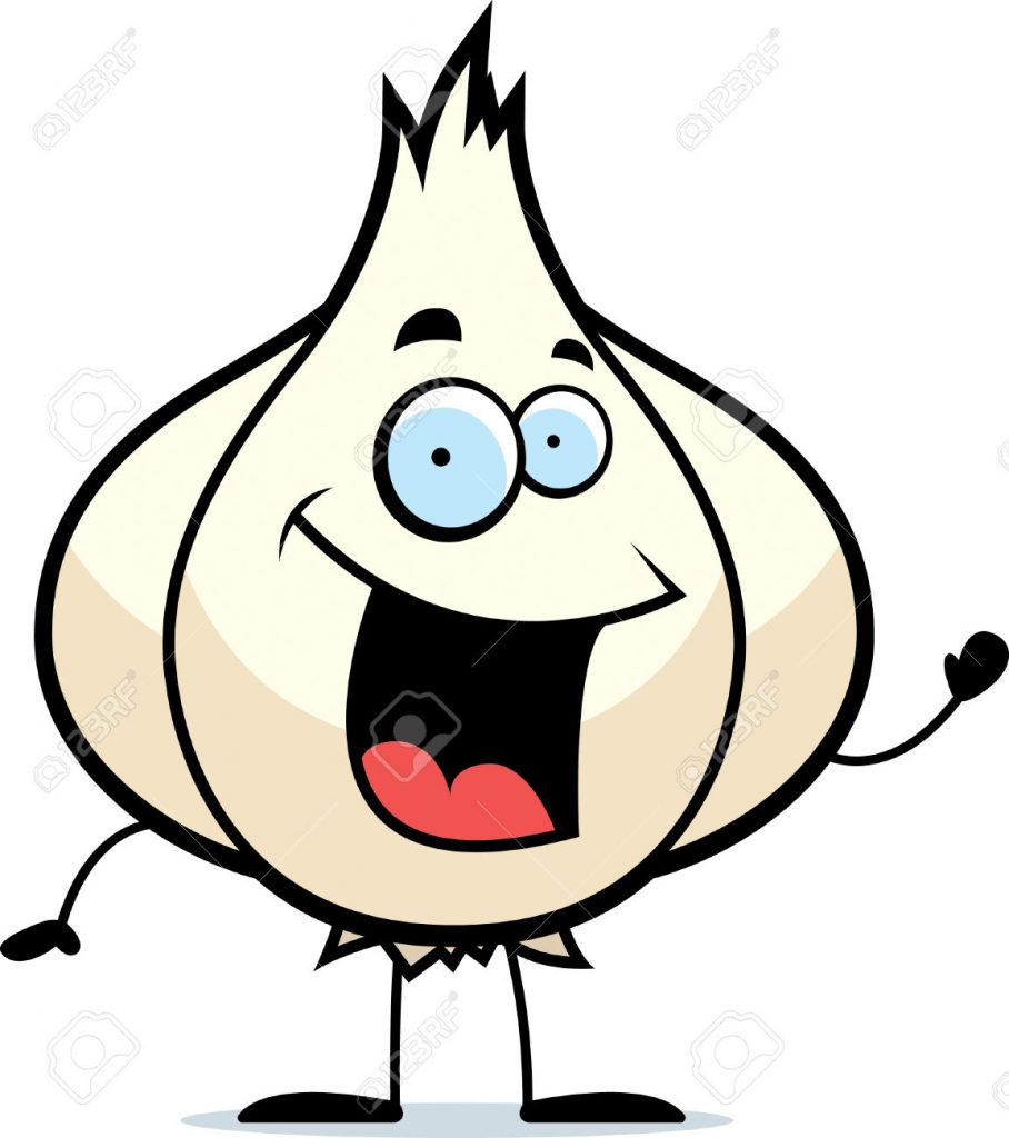 A cartoon garlic bulb smiling and waving.