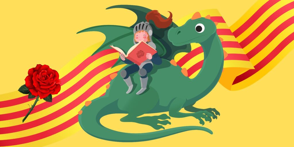 Bàner de Sant Jordi: un drac, Sant Jordi llegint i una rosa
