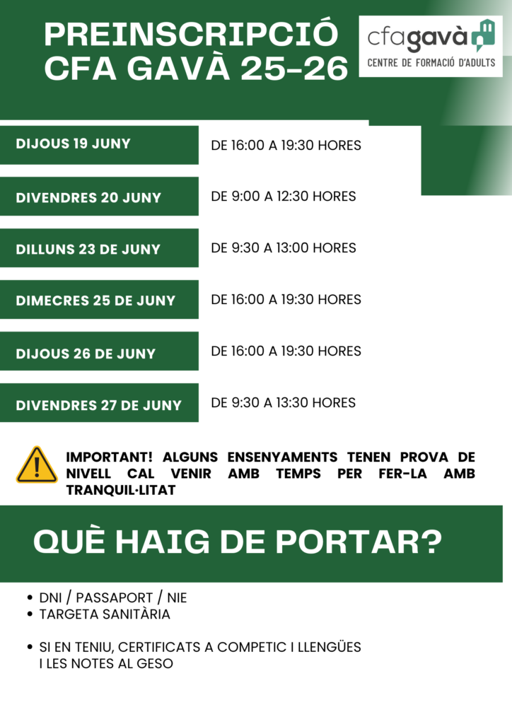 Horari de la preinscripció del CFA Gavà per als ensenyaments del curs 2025-26