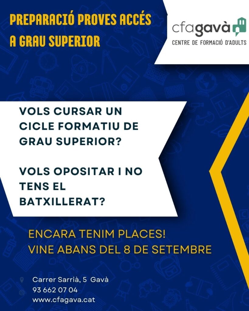 Banner informatiu del curs de preparació a les proves d'accés a Cicles Formatius de Grau Superior al CFA Gavà