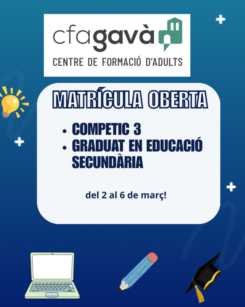 Vols obtenir el Graduat en Educació Secundària (ESO)?

Vols obtenir el  certificat de COMPETIC 3 (equivalent a l'ACTIC avançat)?

Ara és el moment! Del 17 al 28 de novembre s'obre la matrícula del segon trimestre. 

Si vols estudiar amb nosaltres vine presencialment al centre i porta:
- El teu DNI, NIE o passaport.
- La teva TSI.
- En cas de l'ESO, si les tens, les darreres notes o el teu expedient acadèmic.
- En cas del COMPETIC 3: el certificat del COMPETIC 2 o l'ACTIC mijtà

Ara és el teu moment!

T'esperem!