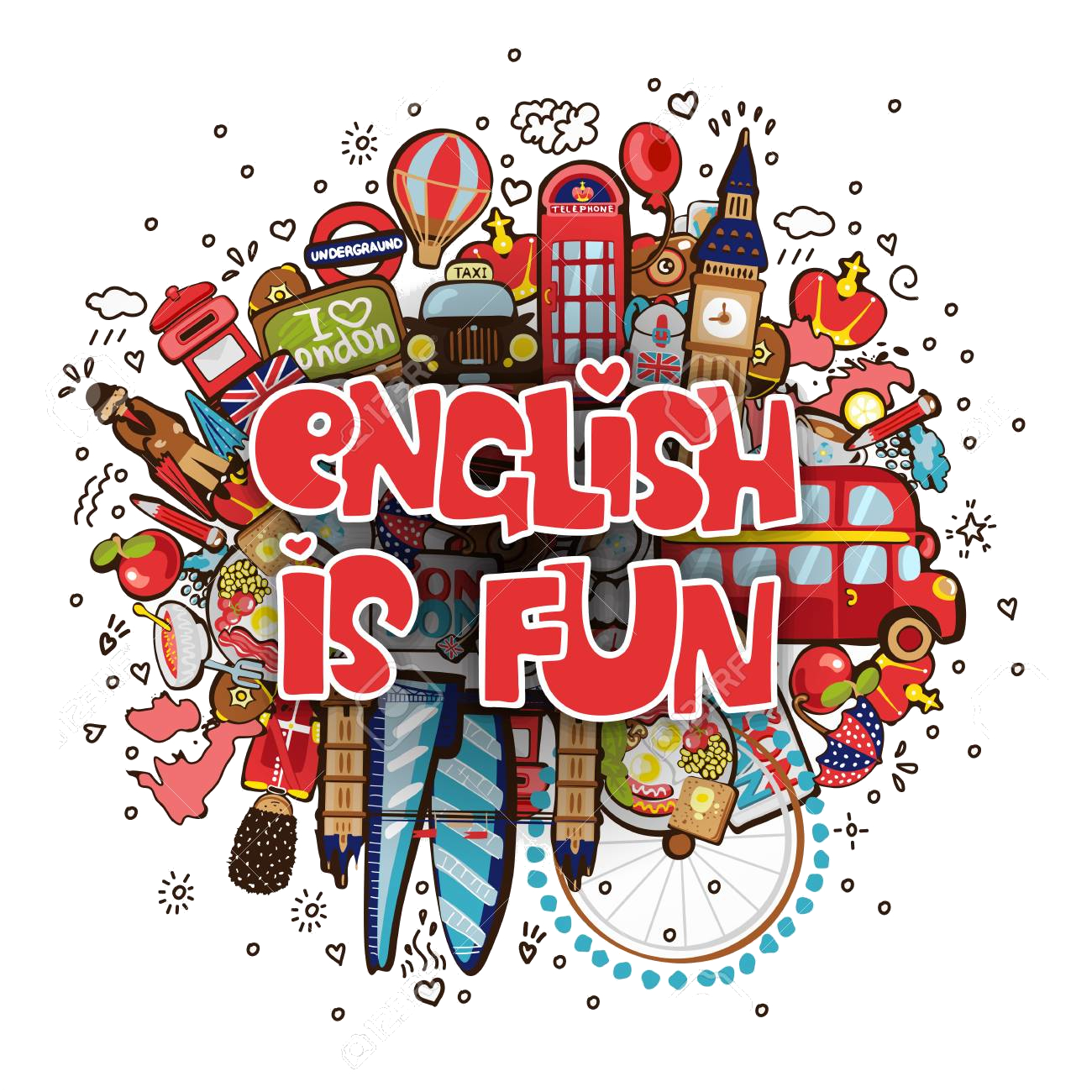 Phrase ENGLISH IS FUN educational and travelling concept. English is Fun vector cartoon illustration, lettering about learning with fun on england objects -big ben, guard, bus, map and others. Set of Fun cartooning objects with phrase ENGLISH IS FUN - Concept of English language courses with fun lettering