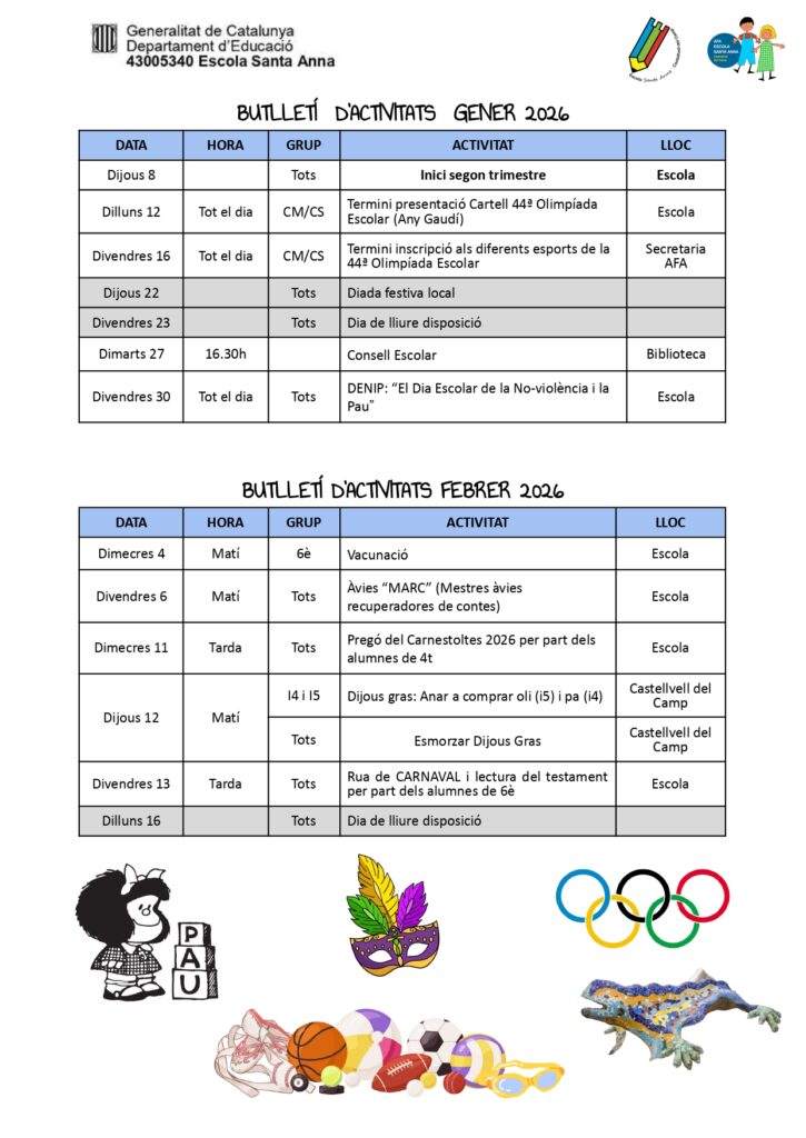 Butlletí amb la previsió d'activitats dels mesos de gener i febrer.