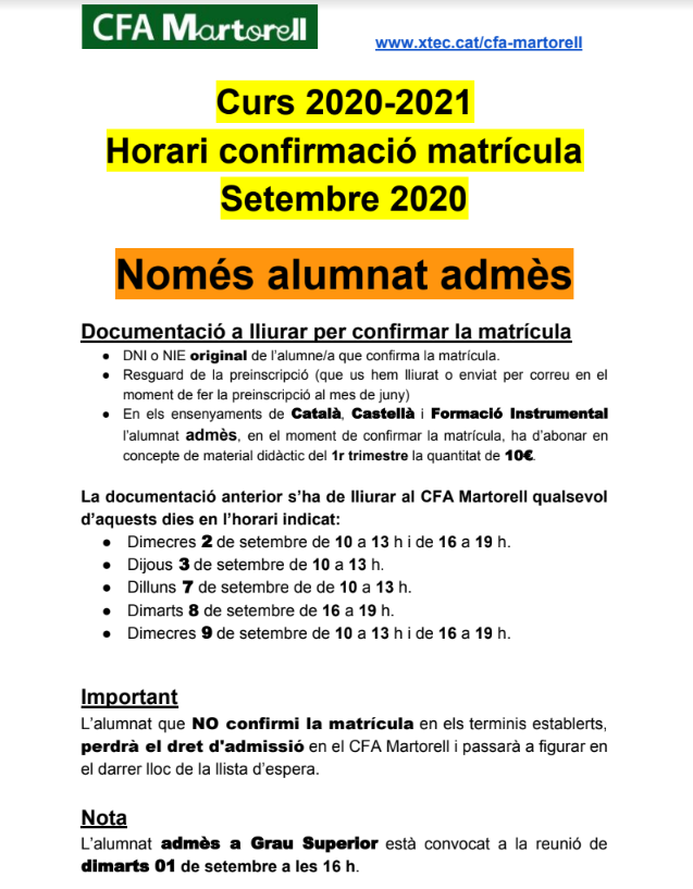 CFA Martorell: Matrícula alumnat ADMÈS curs 2020-2021