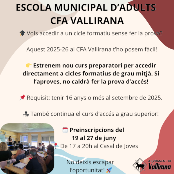 Oferim el curs preparatori per accedir a Cicles Formatius de Grau Mig sense haver de fer la prova de sel·lecció.