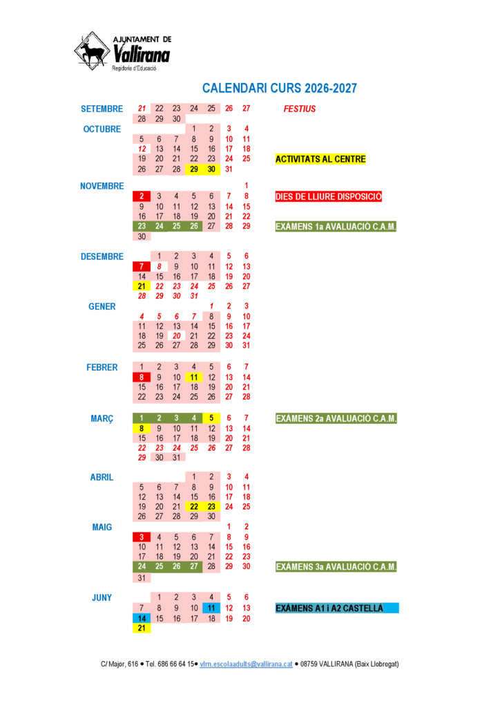 Calendari del curs 2026/2027