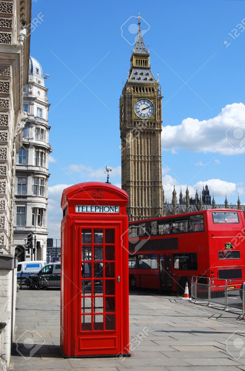 Big Ben, red telephone box and double decker bus in London