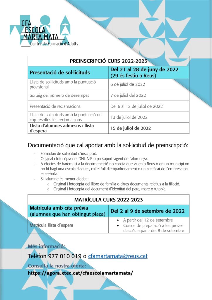 CALENDARI PREINSCRIPCIÓ CURS 2022-2023
