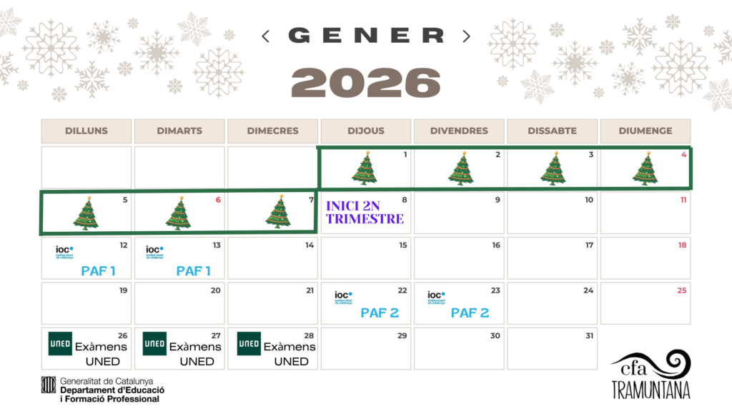 Calendari mes gener 2026