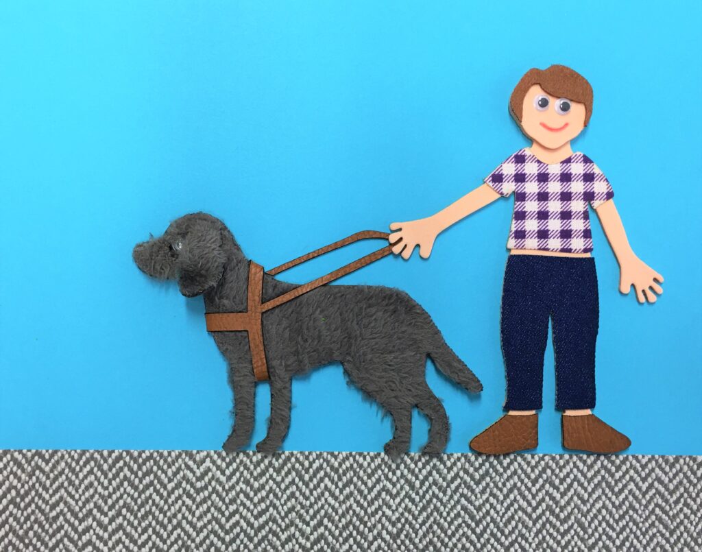 Il·lustració en relleu d'un nen amb un gos pigall.