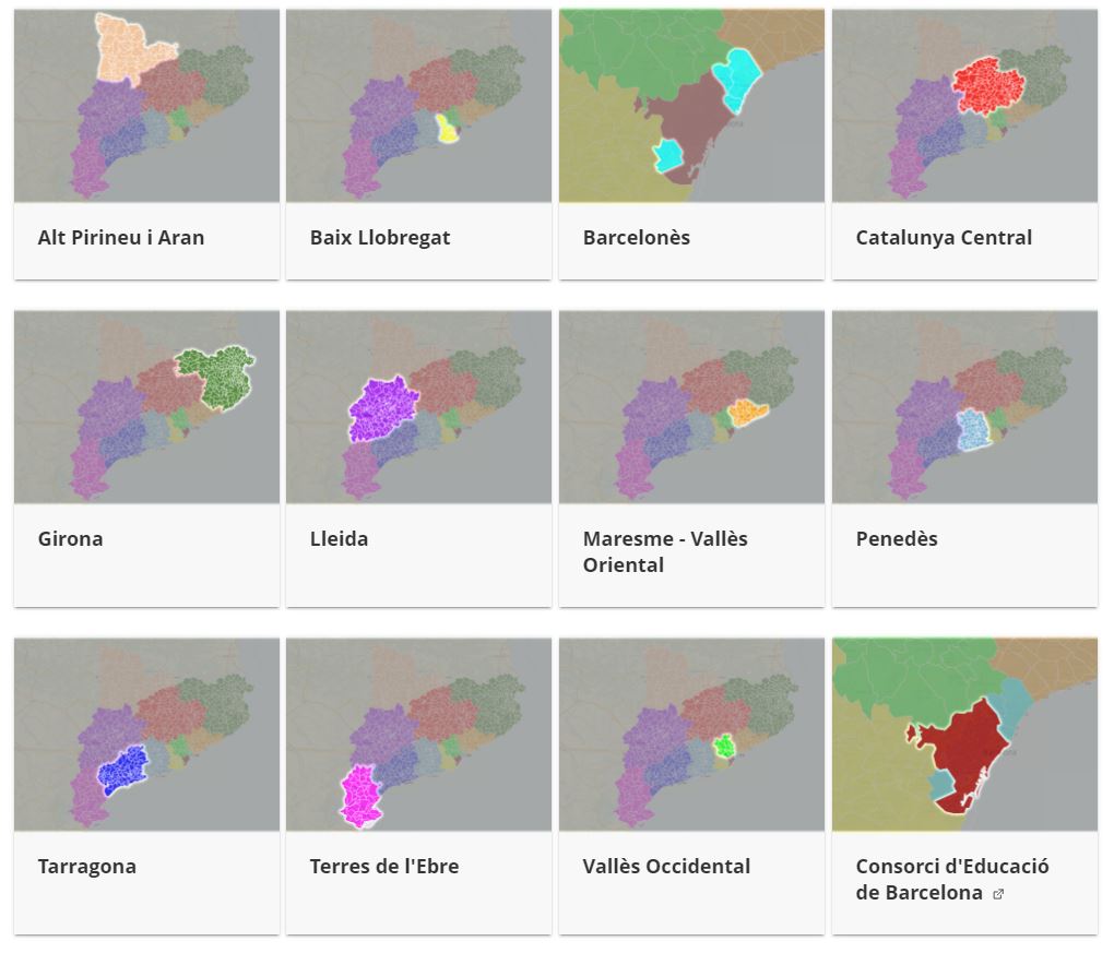 Mapa de Catalunya dels diferents Serveis Territorials. Alt Pirineu i Aran. Baix Llobregat, Barcelonès, Catalunya Central, Girona, Lleida, Maresme-Vallès Oriental, Penedès, Tarragona, Terres de l'Ebre, Vallès Occidental, Consorci d'Educació de Barcelona