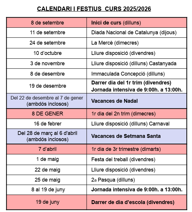 Calendari curs 2025-26