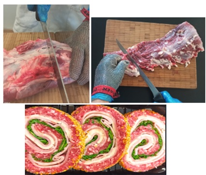 Mans tallant peces de carn i exemple d'elaboaració de rotllets