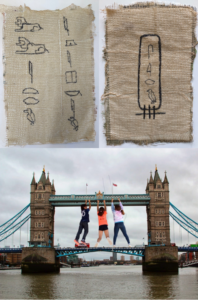 A dalt, dos exemples de papirs egipcis amb els missatges dels alumnes escrits utilitzant jeroglífics. A baix, una fotografia fantàstica on es poden veure tres alumnes penjats d'un pont.