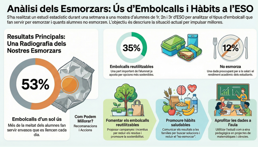 Analitzem els esmorzars a l’ESO 🥪📊 Un treball de l’optativa de matemàtiques de 2n d’ESO ha permès analitzar els hàbits d’esmorzar i l’ús d’embolcalls de l’alumnat del centre, aportant dades rellevants per reflexionar sobre salut i sostenibilitat.