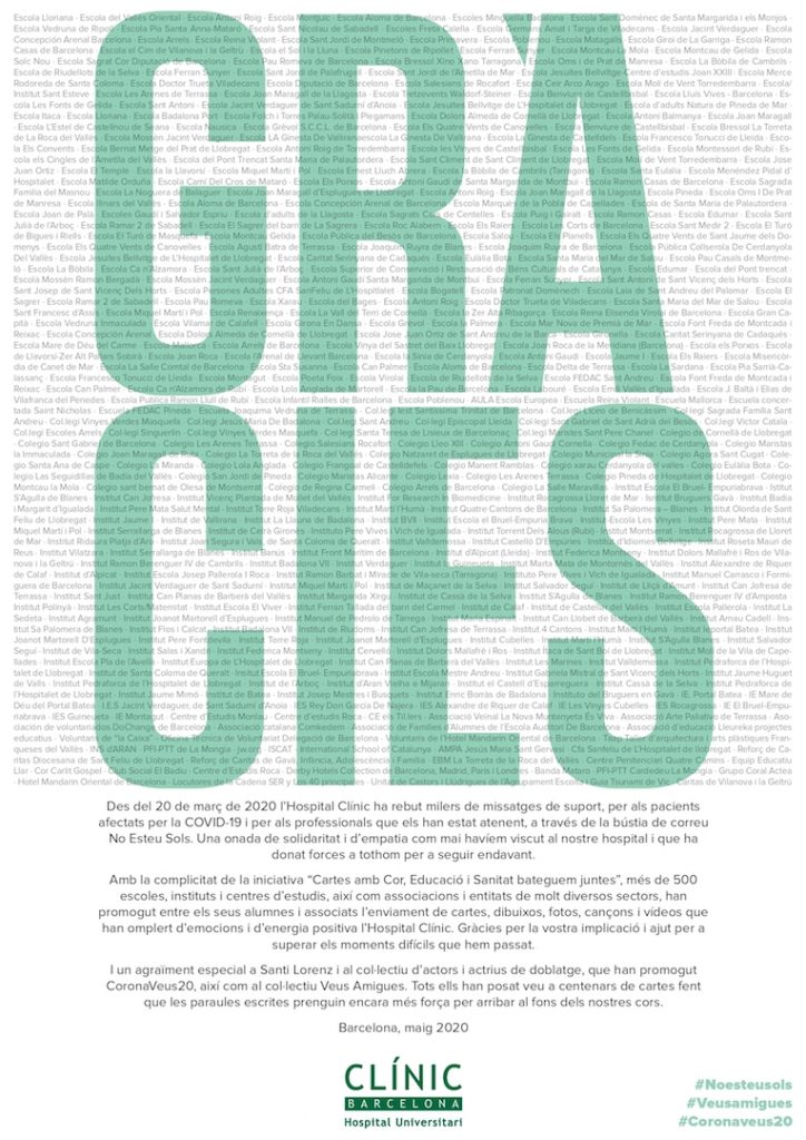 L'institut Mercè Rodoreda, juntament amb 500 escoles i instituts d'arreu de Catalunya, va participar en la iniciativa "No esteu sols" promoguda per l'Hospital Clínic.