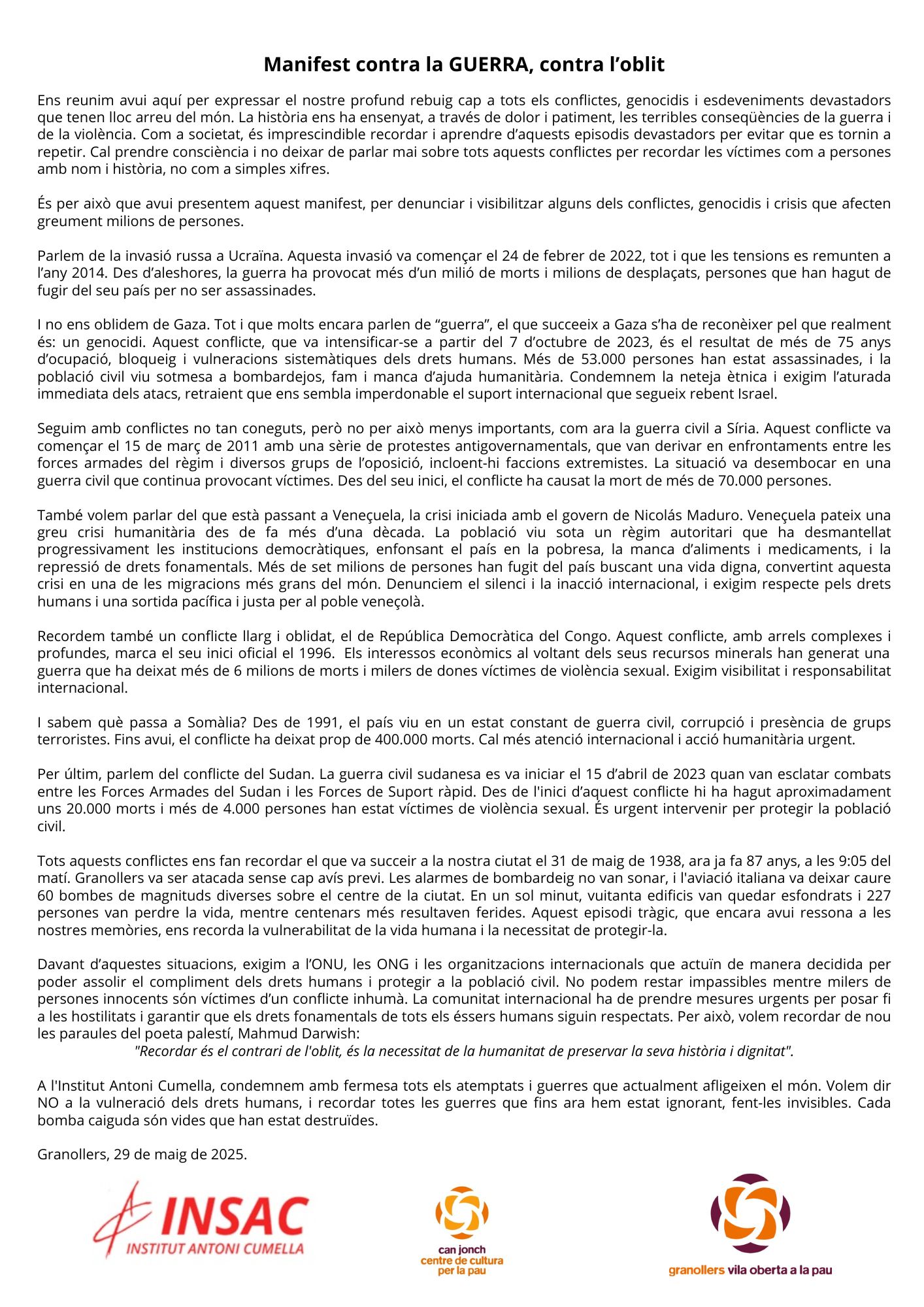 Manifest de Protesta DDHH sota les bombes 2025