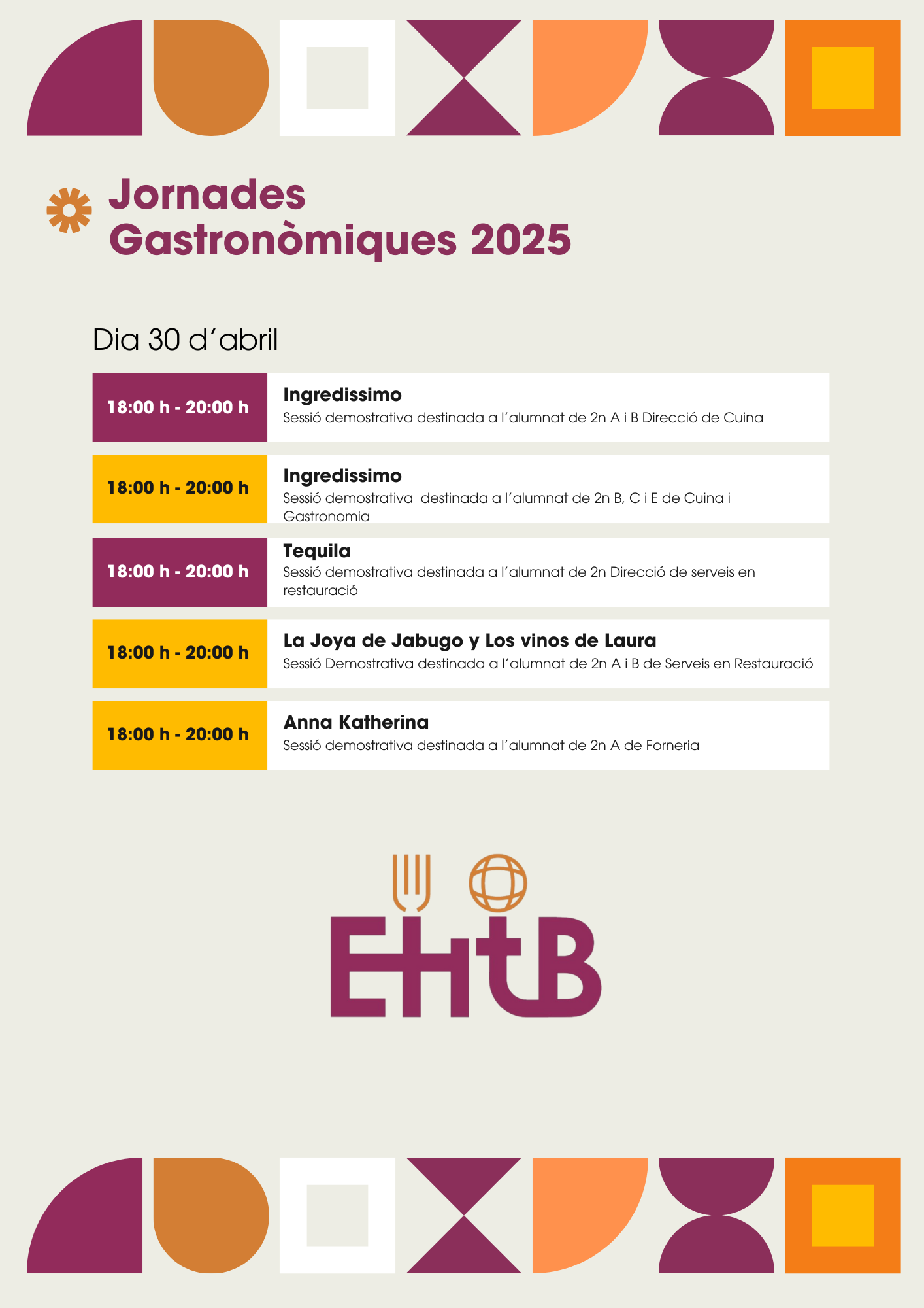 Cartell ponències de les jornades gastronòmiques 2025 tarda del 30 d'abril de 2025