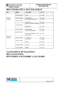 EXÀMENS RECUPERACIÓ 1r BAT Setembre 2020