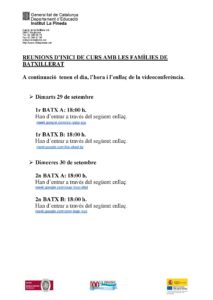 Reunions inici de curs Batxillerat