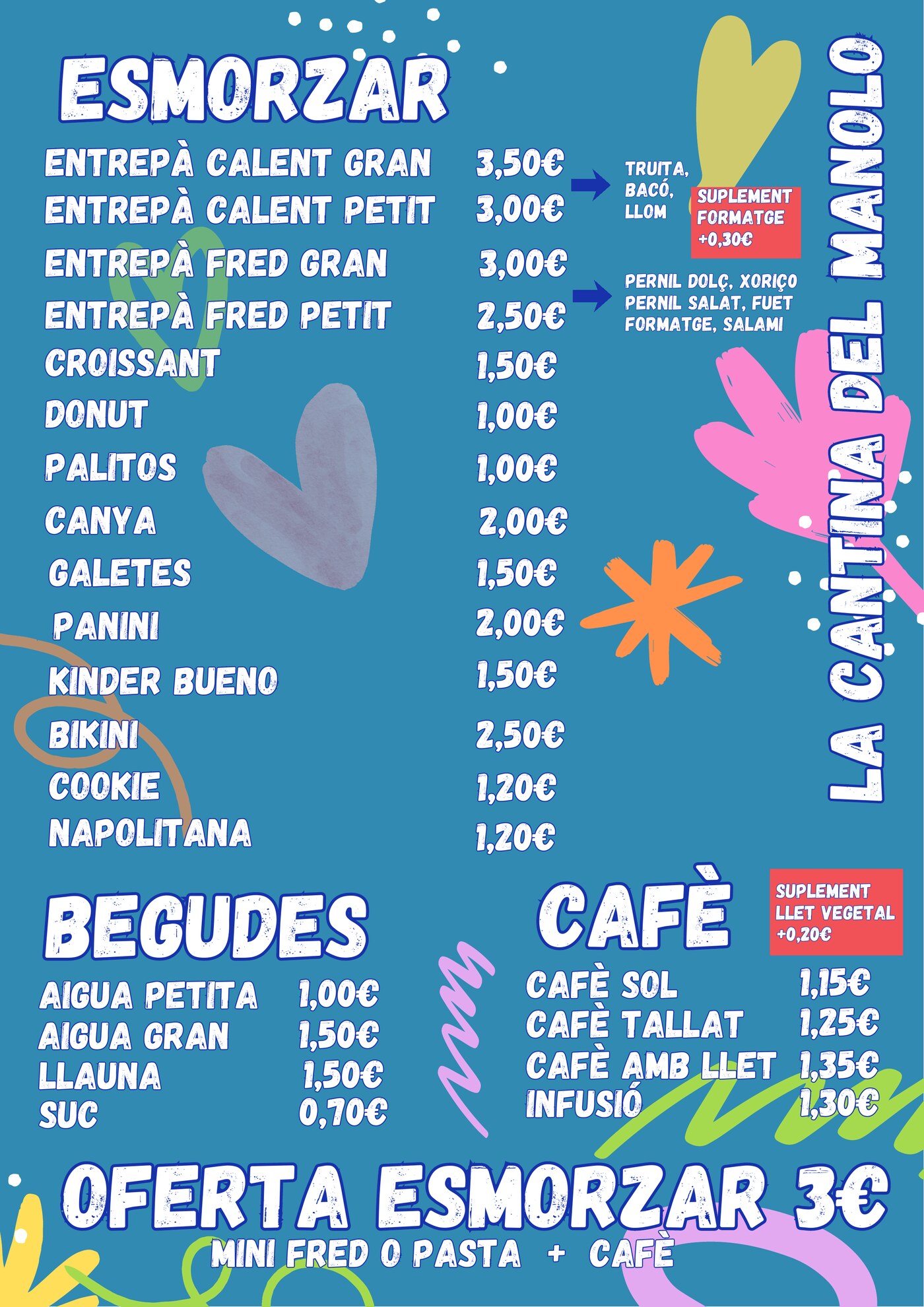 Carta de la Cantina del Manolo amb els productes i els preus