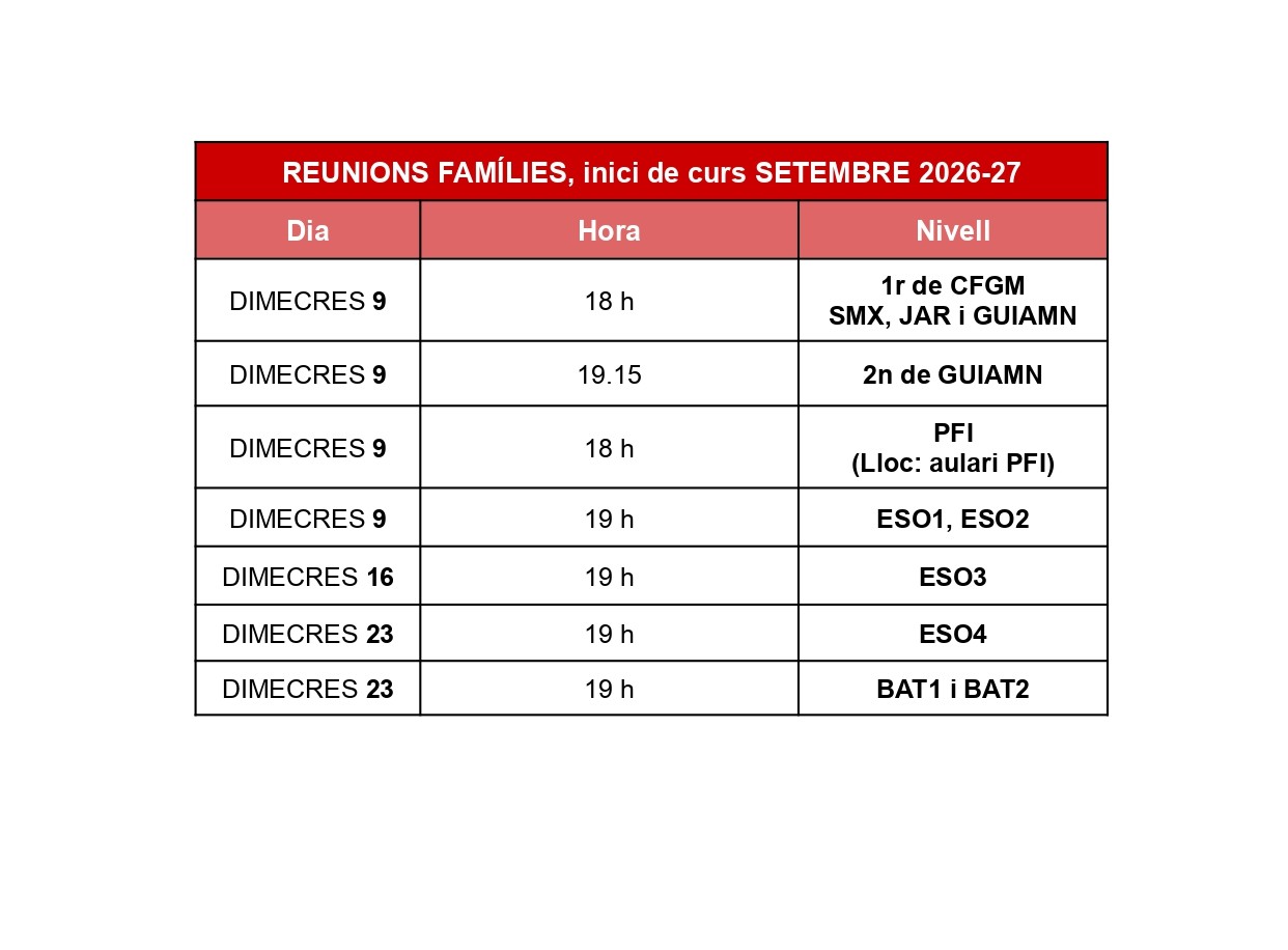 Reunions per a famílies Inici de curs 2026-27