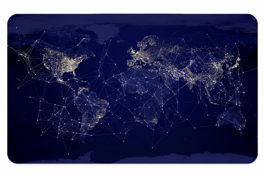Mapa del món amb xarxes de connexió globals relacionades amb el comerç internacional.