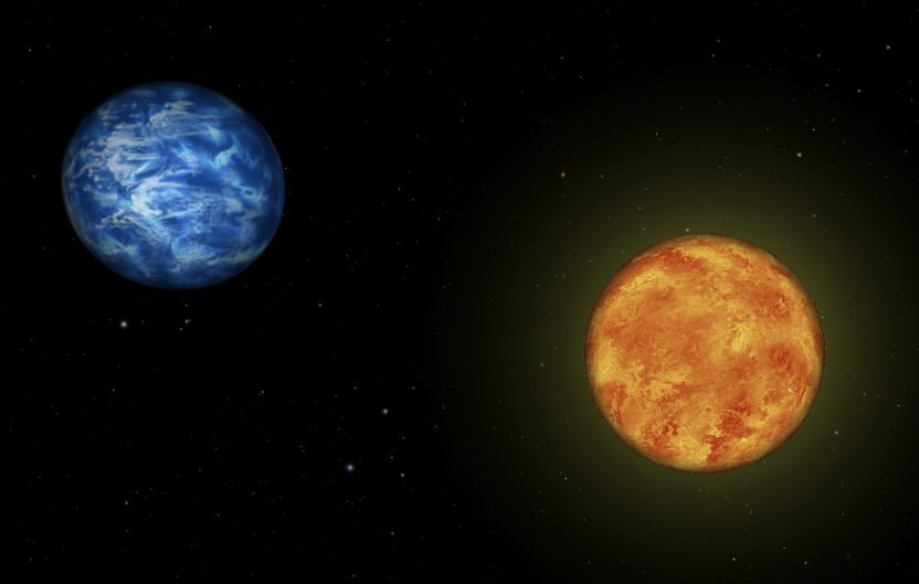 L'astre de color blau és la representació de l'exoplaneta HD-189733b i el de color groc és la seva estrella, HD-189733.