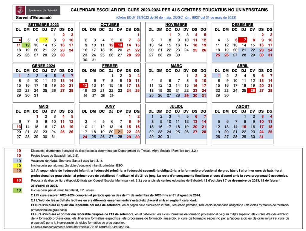 Calendari escolar del curs 2023/24