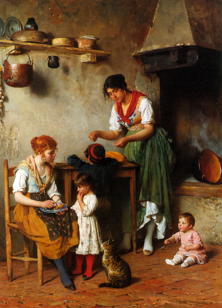 Proposta 9_PINTURA_ Interior Women children and cats in kitchen