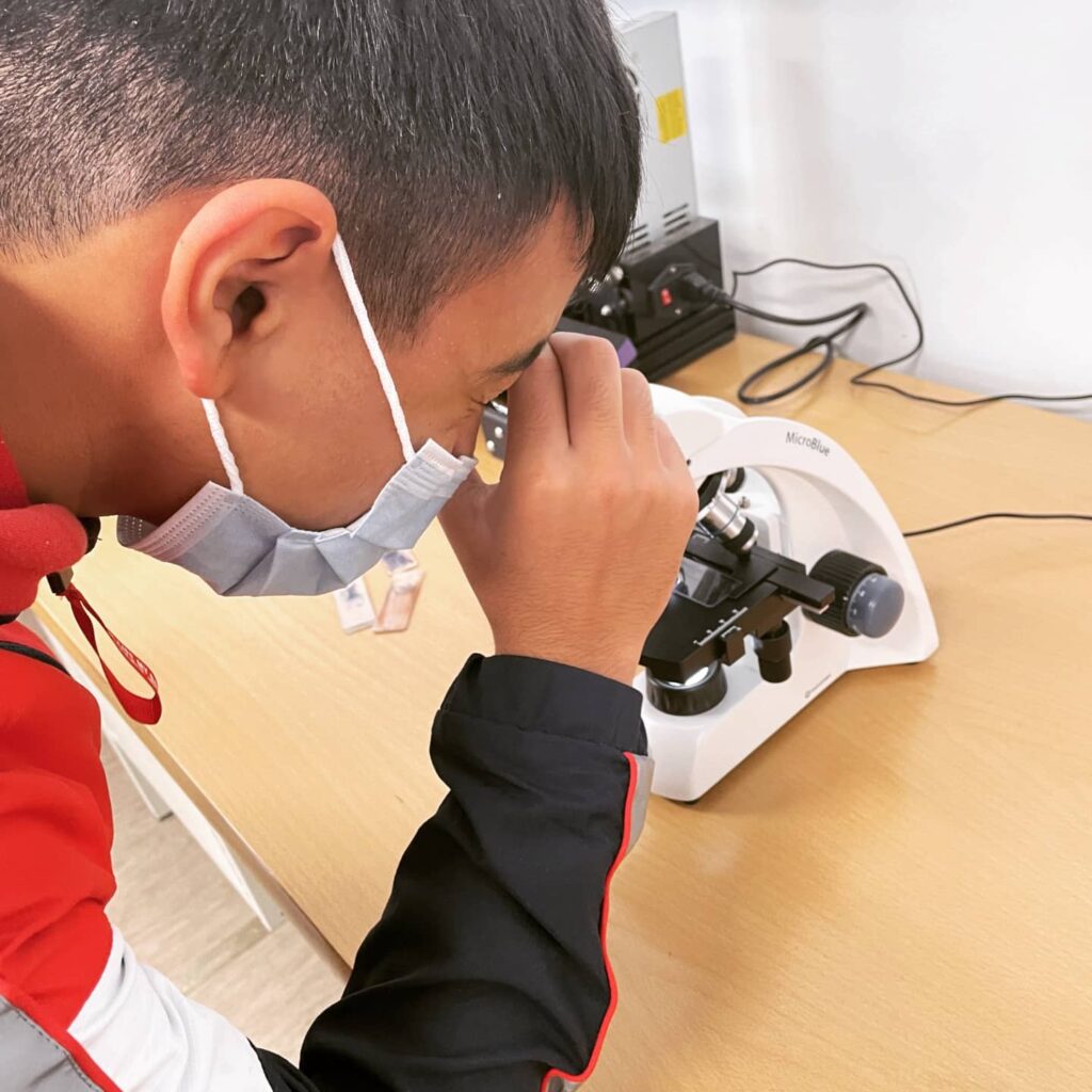 Un alumne mira una mostra de sang amb el microscopi