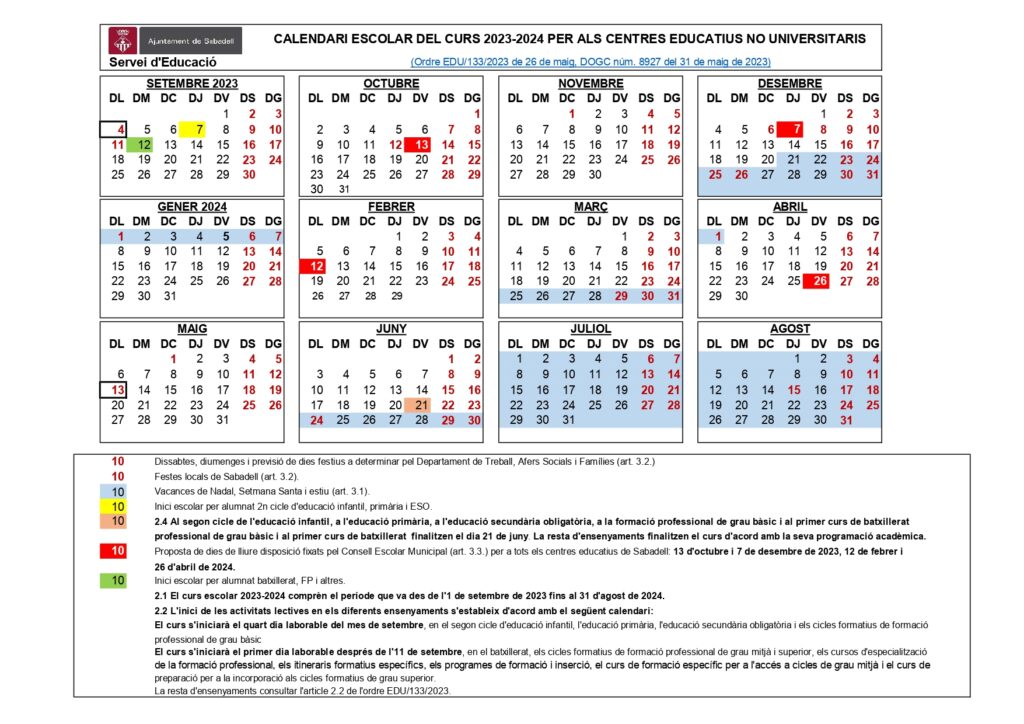 Calendari escolar del curs 23-24