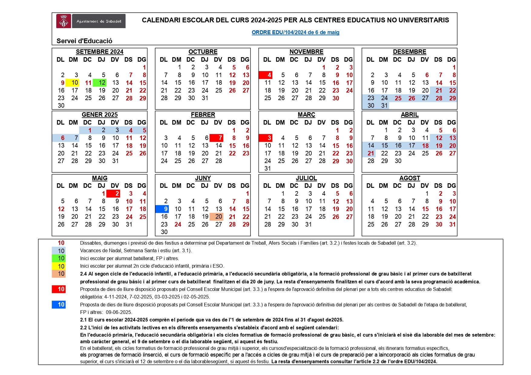 Calendari escolar del curs 2024-2025