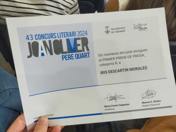 Diploma del primer premi de prosa de la Categoria B al 43è Concurs literari Joan Oliver.