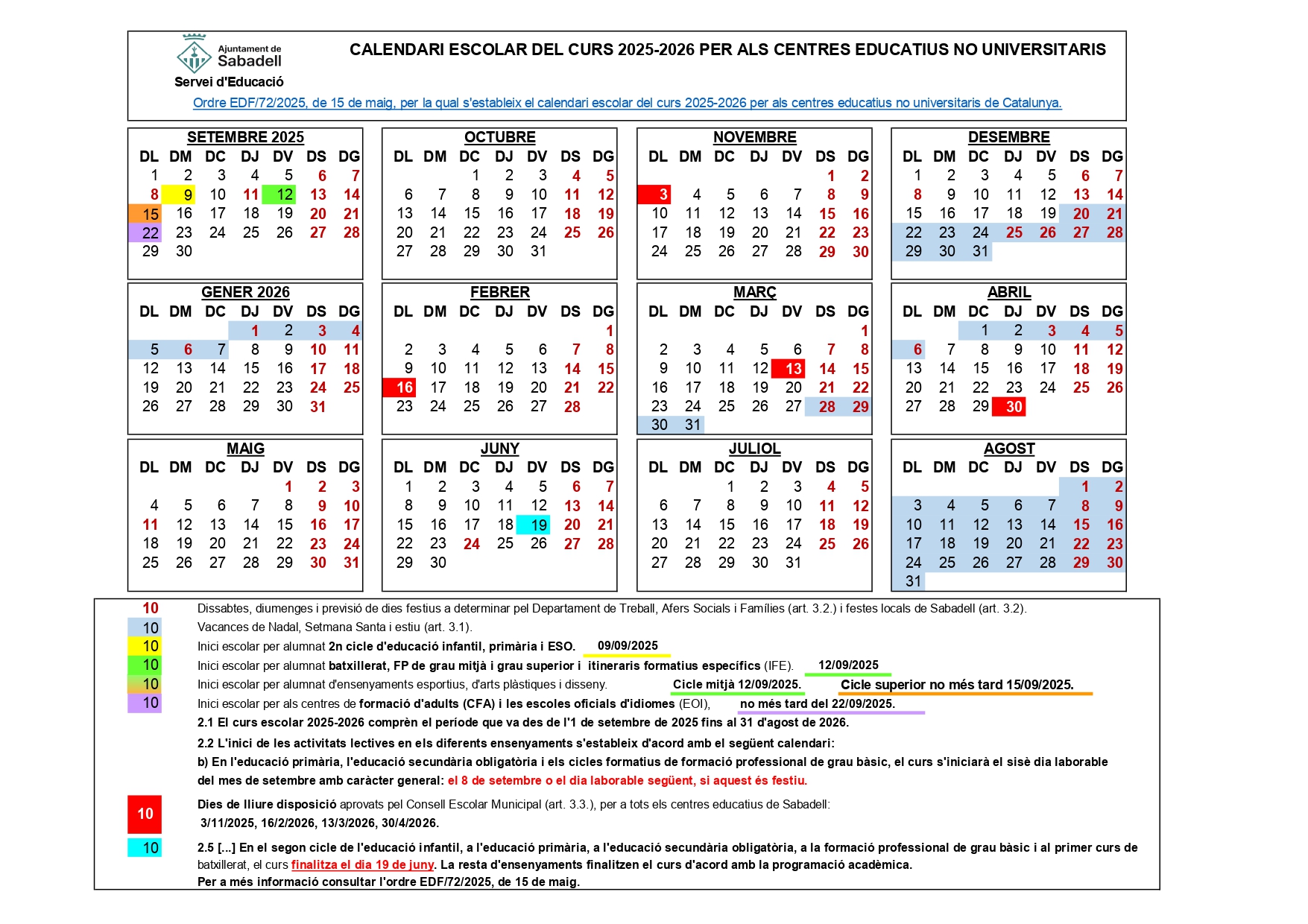 Calendari escolar del curs 2025-2026
