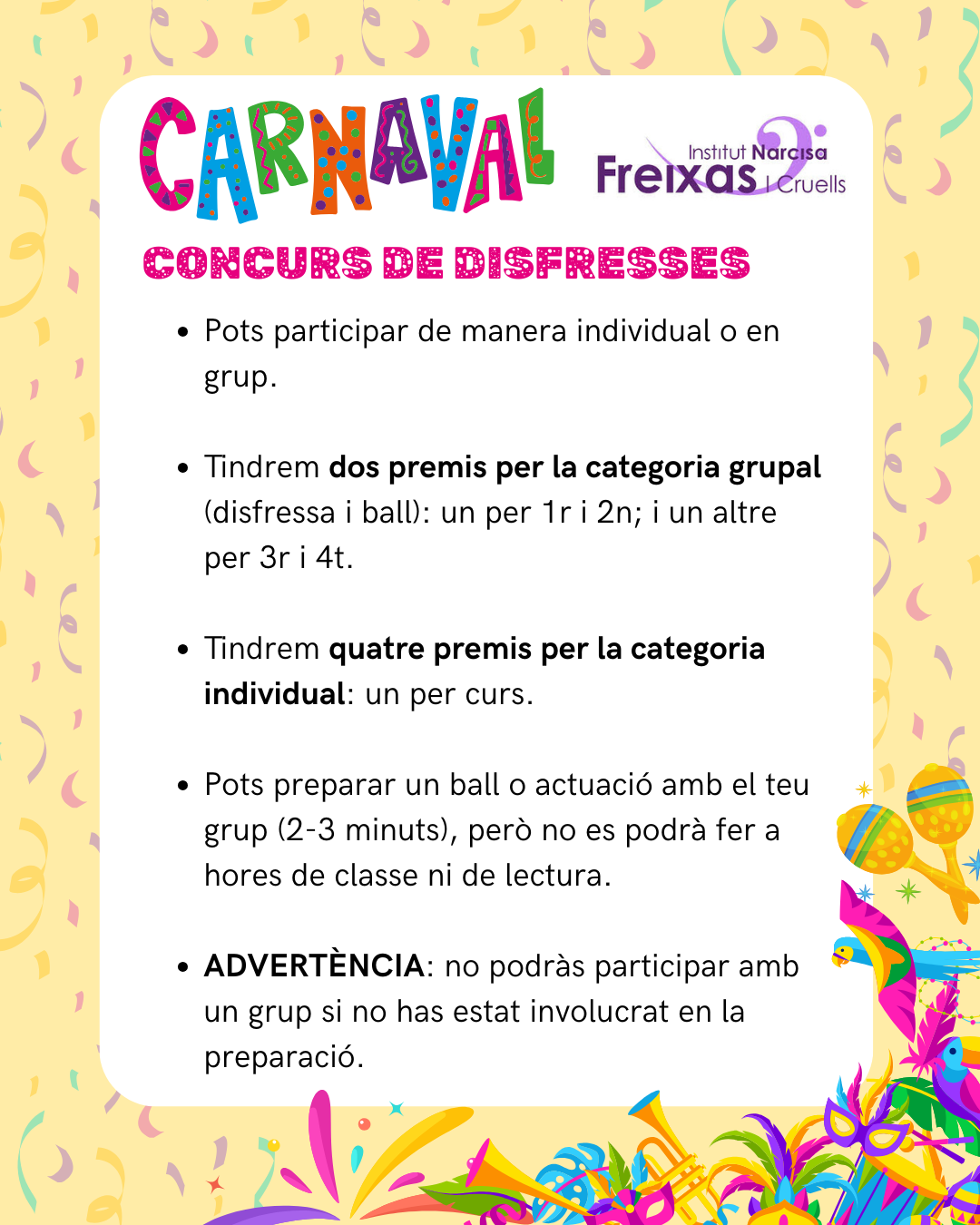 Infografia de les normes del concurs de disfresses del Carnestoltes de 2026