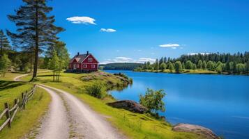 a-red-house-sits-on-a-hill-overlooking-a-tranquil-lake-with-a-dirt-road-leading-towards-it-photo