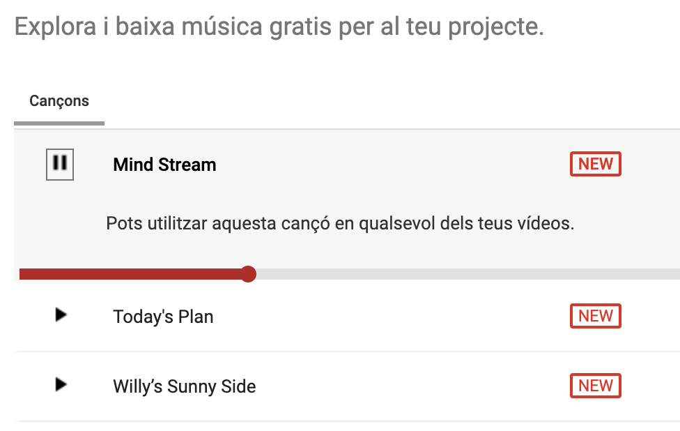Captura de pantalla del servei Audiolibrary de Youtube Captura de pantalla del servei Audiolibrary de Youtube